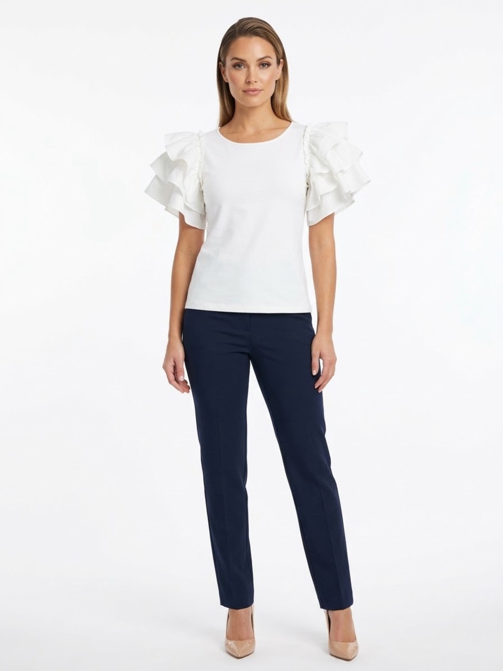 Marc New York White Tiered Ruffle Sleeve Top Size S